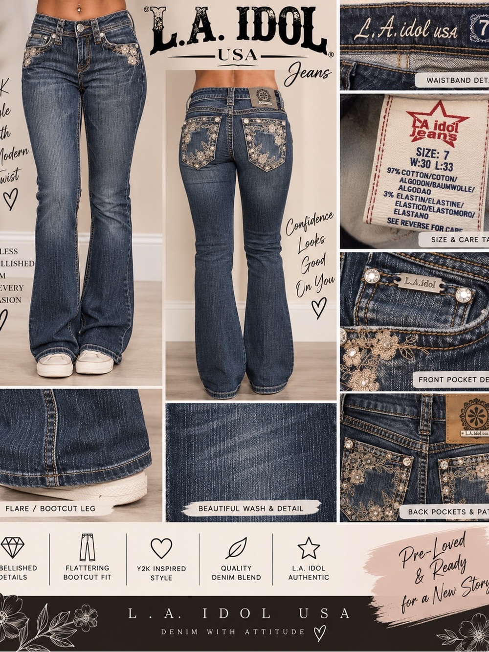 L.A. Idol Juniors Embellished Flare Jeans - Dark Blue Wash